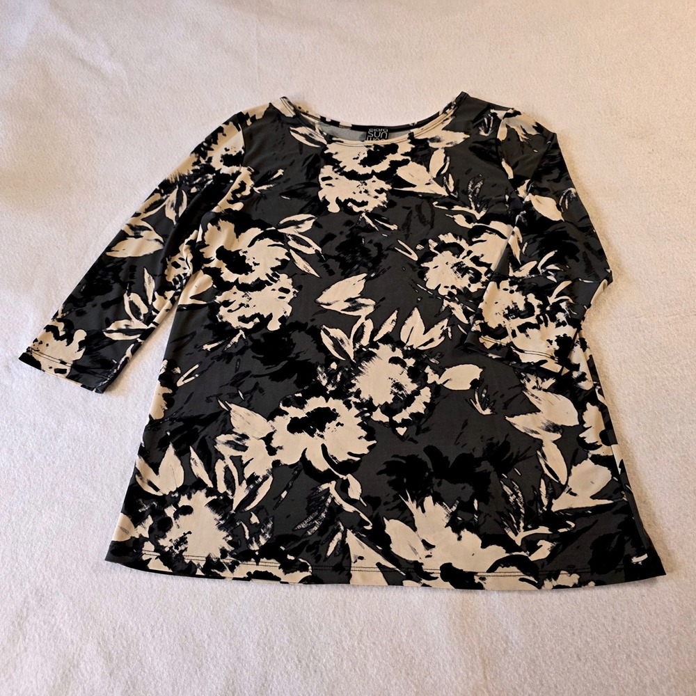 Clara Sunwoo Womens Small Floral 3/4 Sleeve Scoop Neck Stretch Top Black Cream